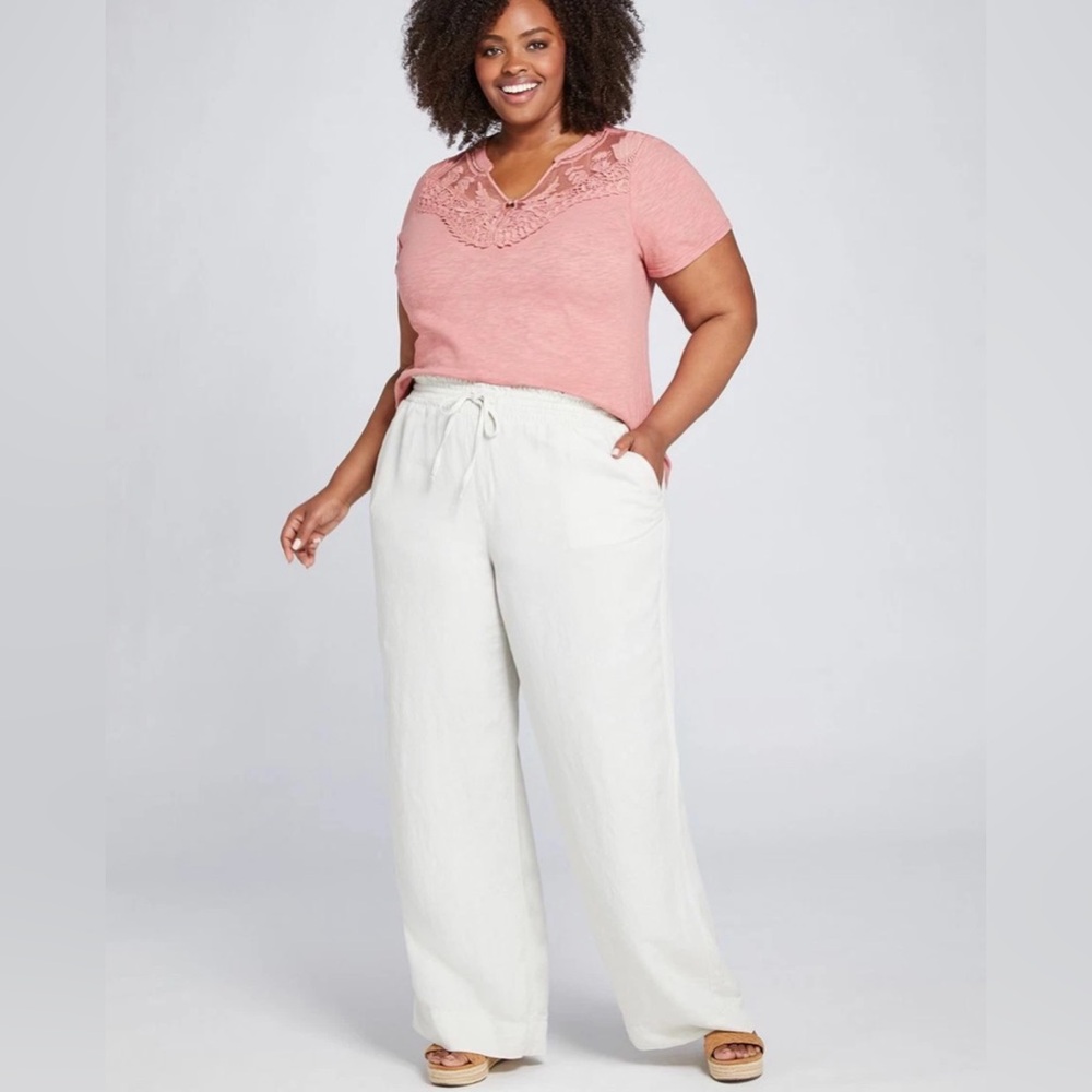 Lane Bryant Womens Plus Size 14/16 Linen Blend Pull On Wide Leg Pants White NWOT